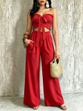 Women Stretchy Halter Neck Top & Pocketed Wide‑Leg Pants Two‑Piece Set