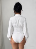 Women Turndown Collar Puff Long‑Sleeve Waist‑Tied Blouse Bodysuit