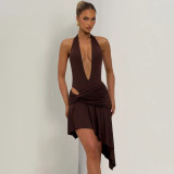 Women Sexy Twisted V‑Neck Halter Neck Backless Asymmetrical Dress