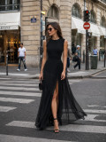 Women Black Slit Train Formal Party Maxi Dress