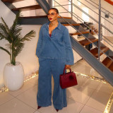 Women Turndown Collar Long‑Sleeve Denim Top & Casual Wide‑Leg Pants Two‑Piece Set