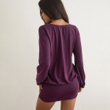 Women's Fall Solid Color V-Neck Hollow-Out Patchwork Slim Waist Ruched Bodycon Dress
