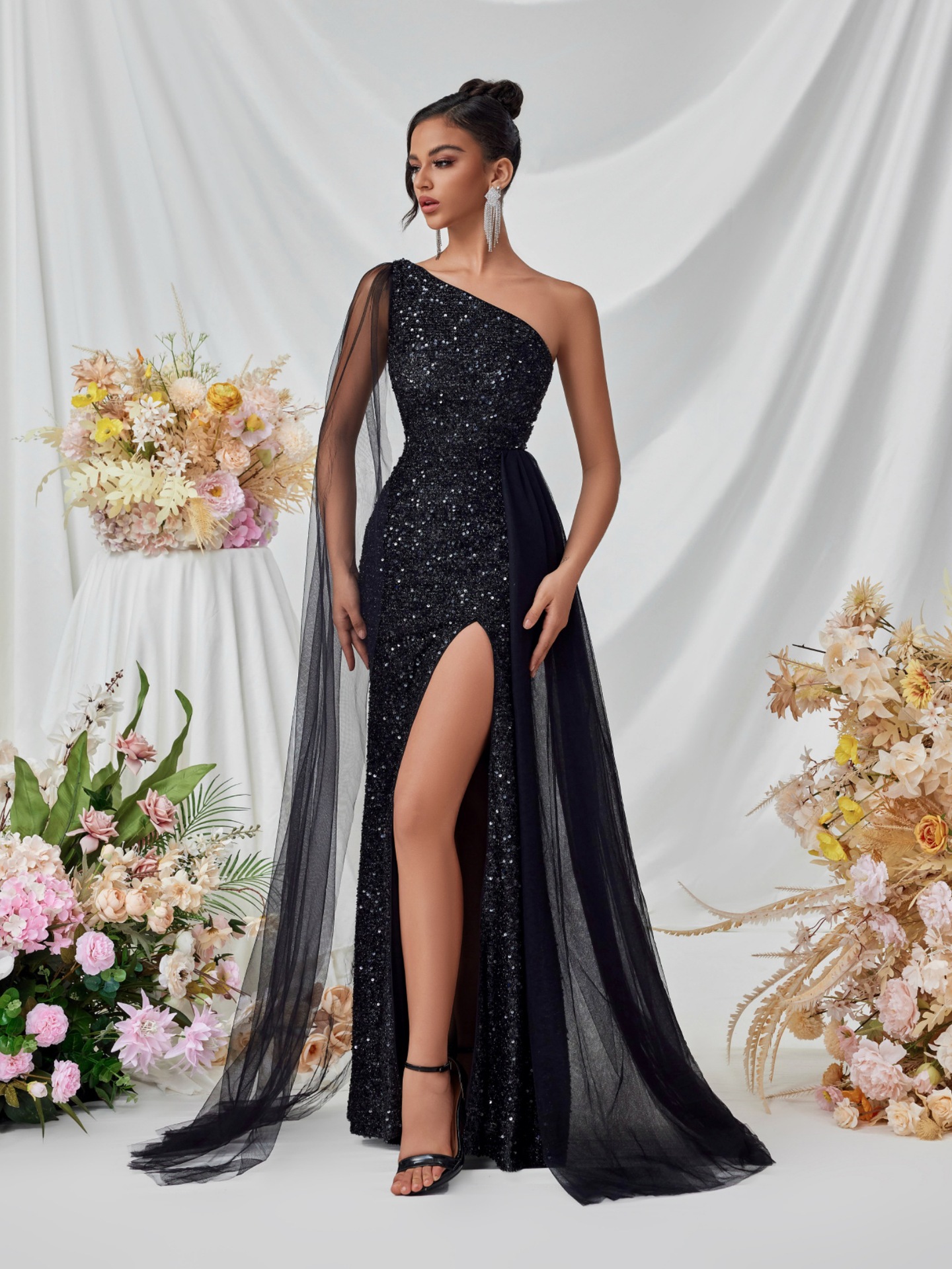 Slash Shoulder Sequin Mesh Sash-Detail Slit Evening Dress