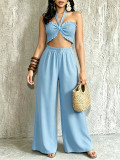 Women Stretchy Halter Neck Top & Pocketed Wide‑Leg Pants Two‑Piece Set
