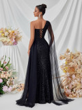 Women Slash‑Shoulder Sequin Mesh Sash‑Detail Slit Evening Dress