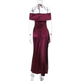 Women's Sexy Casual Low Back Ruched Halter Neck Dress
