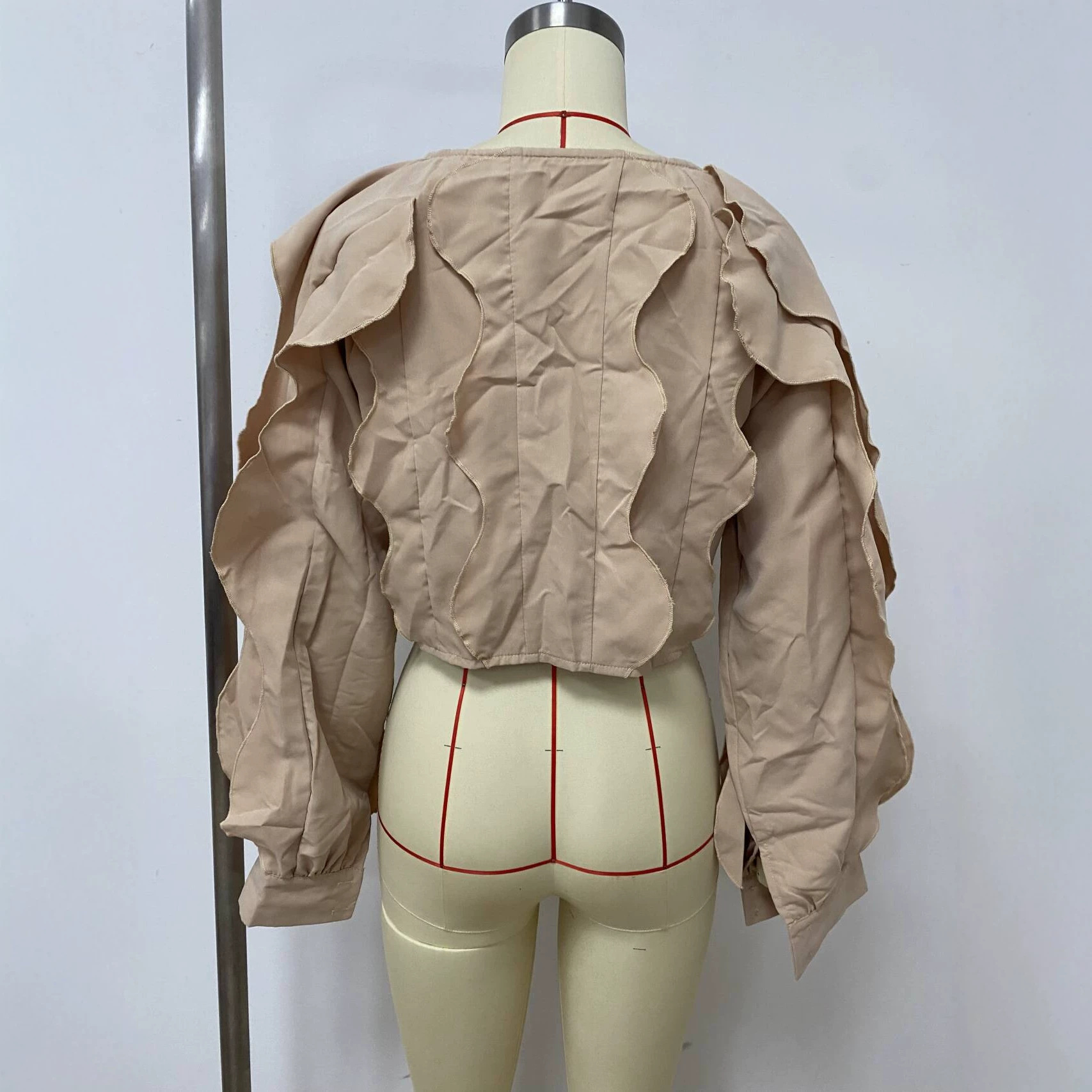 Khaki Irregular Ruffle Lantern-Sleeve Crop Top Jacket