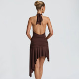 Women Sexy Twisted V‑Neck Halter Neck Backless Asymmetrical Dress