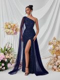 Women Slash‑Shoulder Sequin Mesh Sash‑Detail Slit Evening Dress