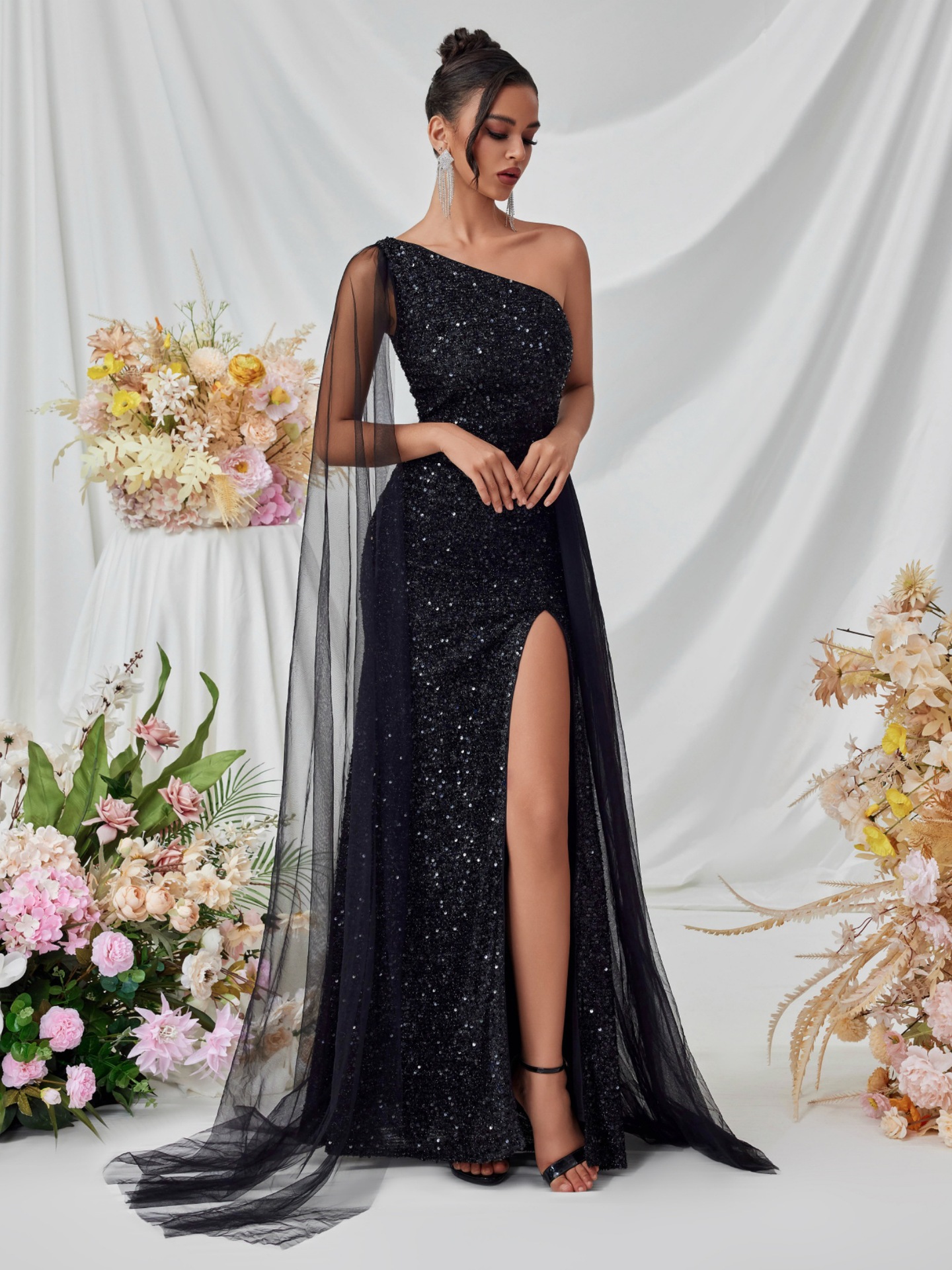 Slash Shoulder Sequin Mesh Sash-Detail Slit Evening Dress