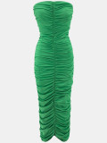Women Pleated Stretch Strapless Maxi Dress