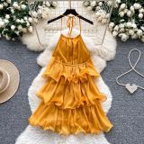 Women Yellow Summer French‑Style Halter Neck Cami Ruffled Patchwork Tiered Holidays Dress