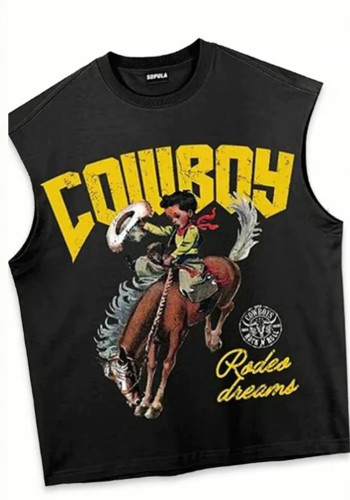 Women's American Cowboy Western Denim Horseback Riding Print Loose Round Neck Sleeveless Vest