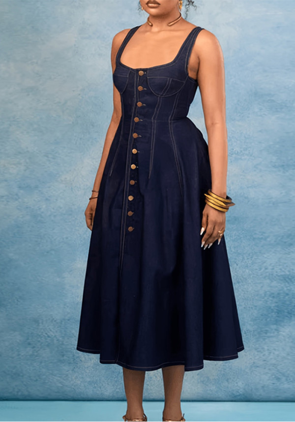 Women's Denim Square Neck Button-Front Dress