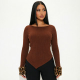 Fall/Winter Women's Color-Block Leopard Print Contrast-Cuff Round Neck Faux Fur Sweater