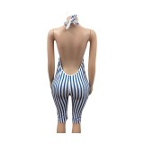 Women's Striped Cross Halter Neck Low-Back Sexy Tight-Fit Streetwear Jumpsuit