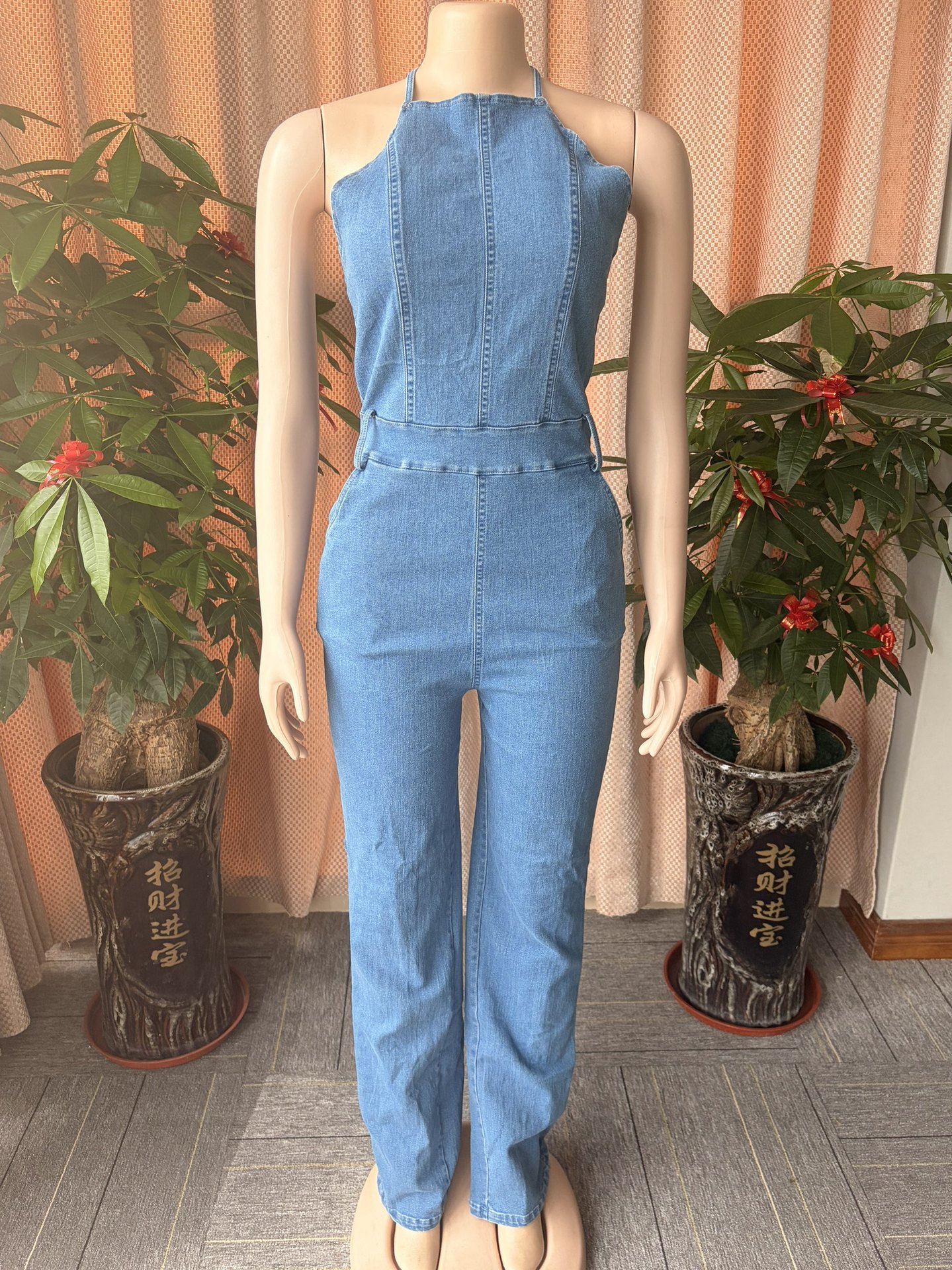 Halter Backless Slim-Fit Wide-Leg Denim Jumpsuit