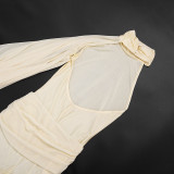Fall/Winter Women's Solid Color Mock Neck Low-Back Pearl Button Half-Cape Jumpsuit