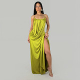 Women's Sexy Strap Knot Slim-Waist Slit Solid Color Formal Party Dress