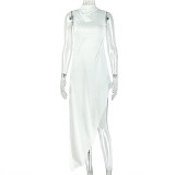 Women's Solid Color Tight-Fit High-Neck Slim-Fit Sleeveless Asymmetrical Low-Back Long Dress