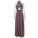 Summer Women's Sexy Solid Color Halter Neck Low-Back Slit Maxi Dress