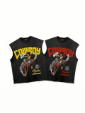 Women's American Cowboy Western Denim Horseback Riding Print Loose Round Neck Sleeveless Vest