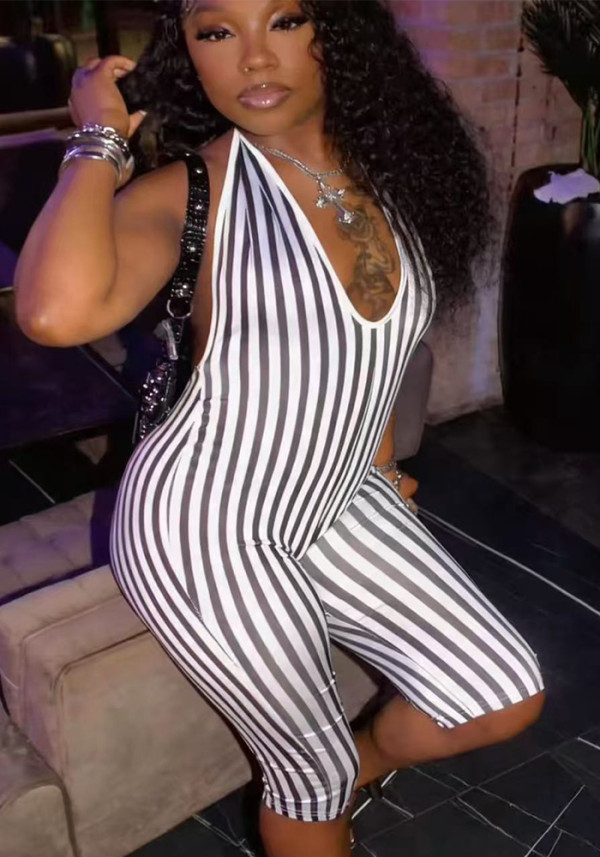 Women's Striped Cross Halter Neck Low-Back Sexy Tight-Fit Streetwear Jumpsuit