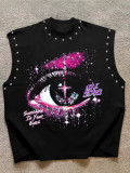 Women's Printed Sleeveless Rivet Raw-Edge Loose-Fit Streetwear Vest