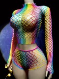 Women's Sexy Jacquard Multi-Color Sheer Tight-Fit Fishnet Lingerie Costume Set