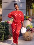 Women's Casual Polka Dot Print Long Sleeve Top and Pants Two-Piece Set