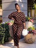 Women's Casual Polka Dot Print Long Sleeve Top and Pants Two-Piece Set