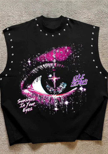 Women's Printed Sleeveless Rivet Raw-Edge Loose-Fit Streetwear Vest
