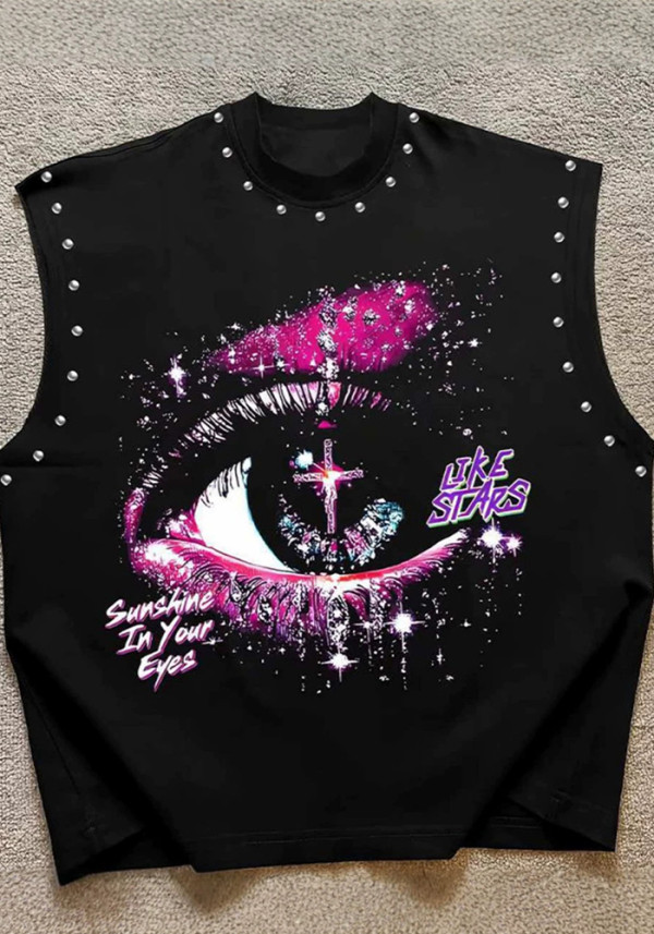 Women's Printed Sleeveless Rivet Raw-Edge Loose-Fit Streetwear Vest