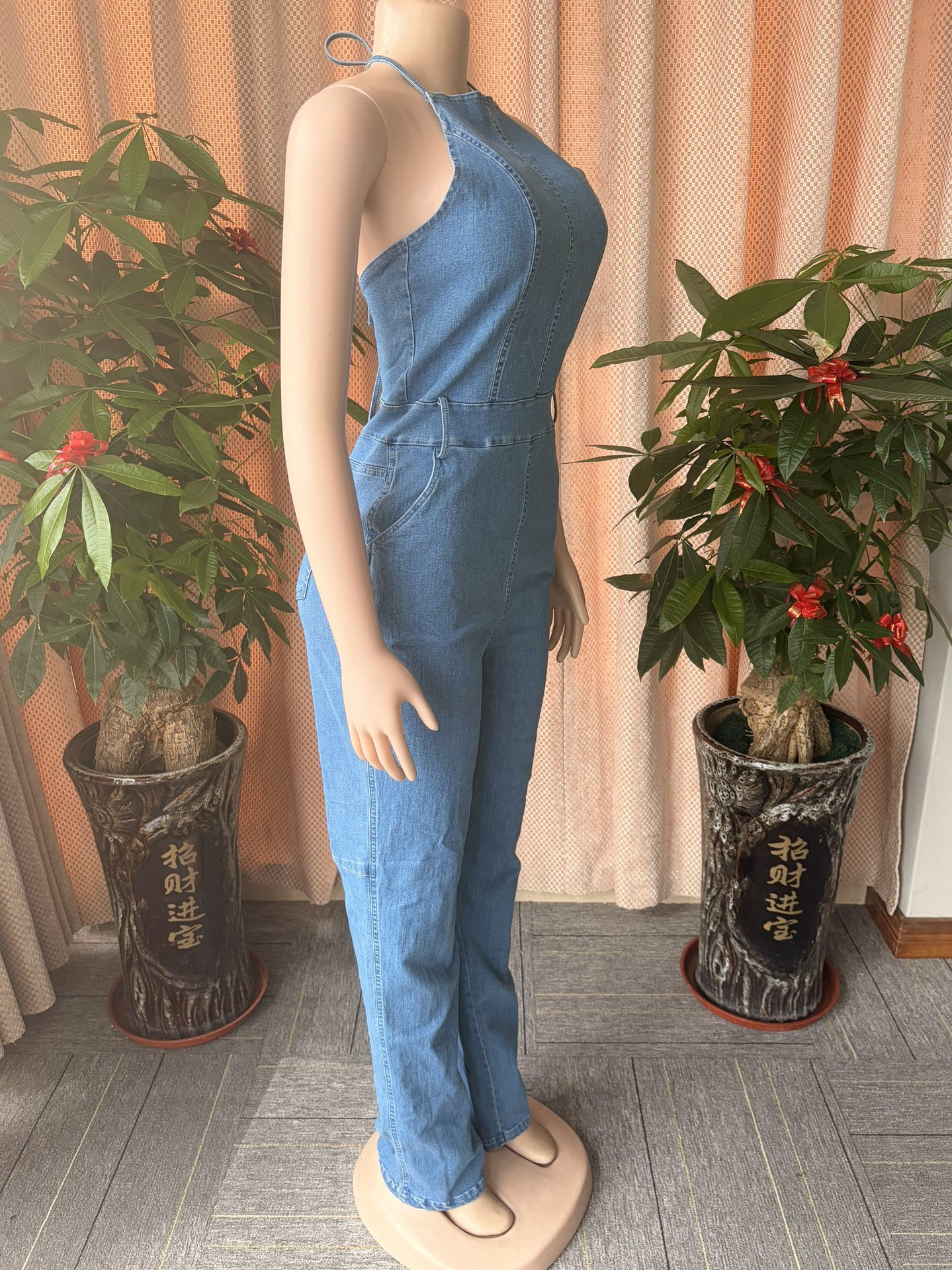 Halter Backless Slim-Fit Wide-Leg Denim Jumpsuit