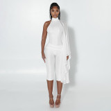 Fall/Winter Women's Solid Color Mock Neck Low-Back Pearl Button Half-Cape Jumpsuit