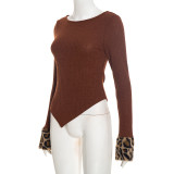 Fall/Winter Women's Color-Block Leopard Print Contrast-Cuff Round Neck Faux Fur Sweater
