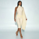 Fall/Winter Women's Solid Color Mock Neck Low-Back Pearl Button Half-Cape Jumpsuit