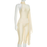 Fall/Winter Women's Solid Color Mock Neck Low-Back Pearl Button Half-Cape Jumpsuit