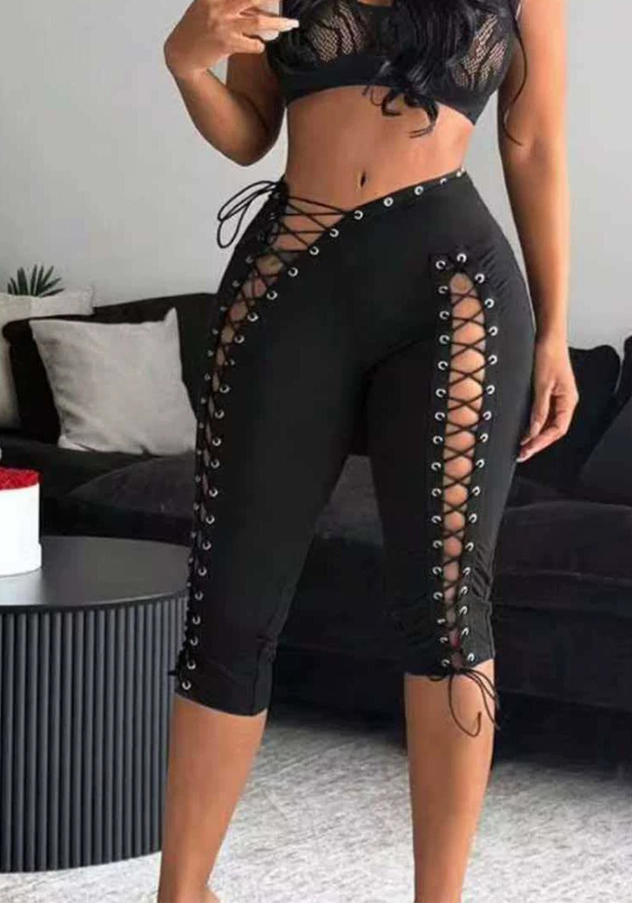 High-Waist Lace-Up Cutout Stretchy Slim-Fit Capri Yoga Pants