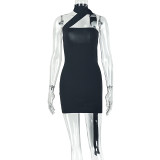 Women's Solid Color Slim-Waist Strapless Halter Lace-Up Bodycon Mini Dress
