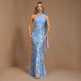 Women's Patchwork Chiffon Ribbon Halter Neck Slash-Shoulder Mermaid Party Dress