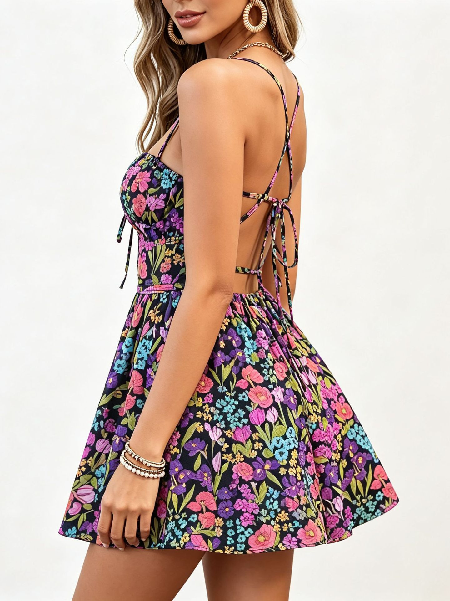 Floral Print Lace-Up Low-Back Jumpsuit