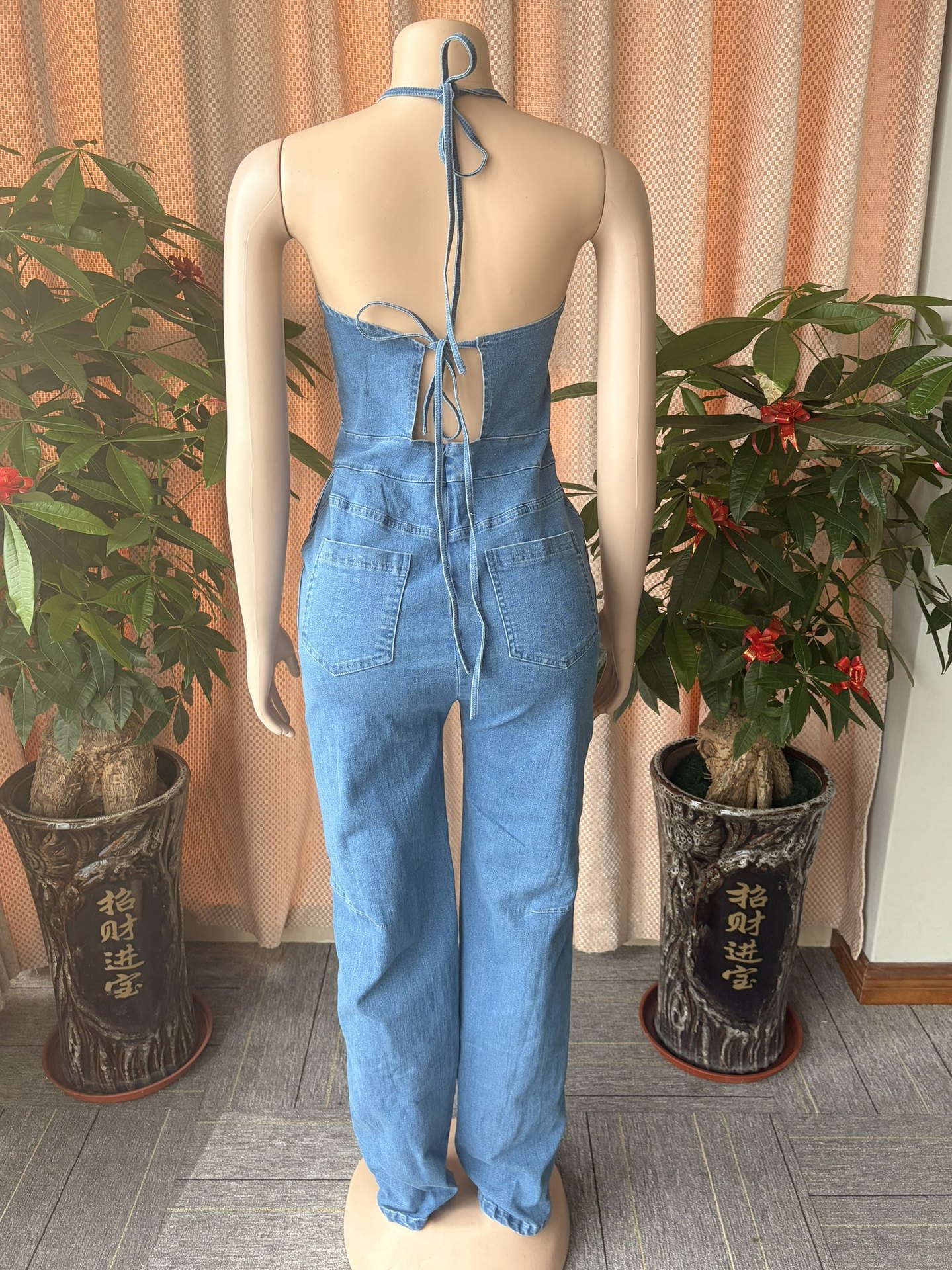 Halter Backless Slim-Fit Wide-Leg Denim Jumpsuit