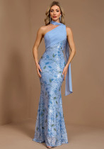 Women's Patchwork Chiffon Ribbon Halter Neck Slash-Shoulder Mermaid Party Dress