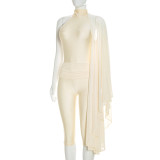 Fall/Winter Women's Solid Color Mock Neck Low-Back Pearl Button Half-Cape Jumpsuit