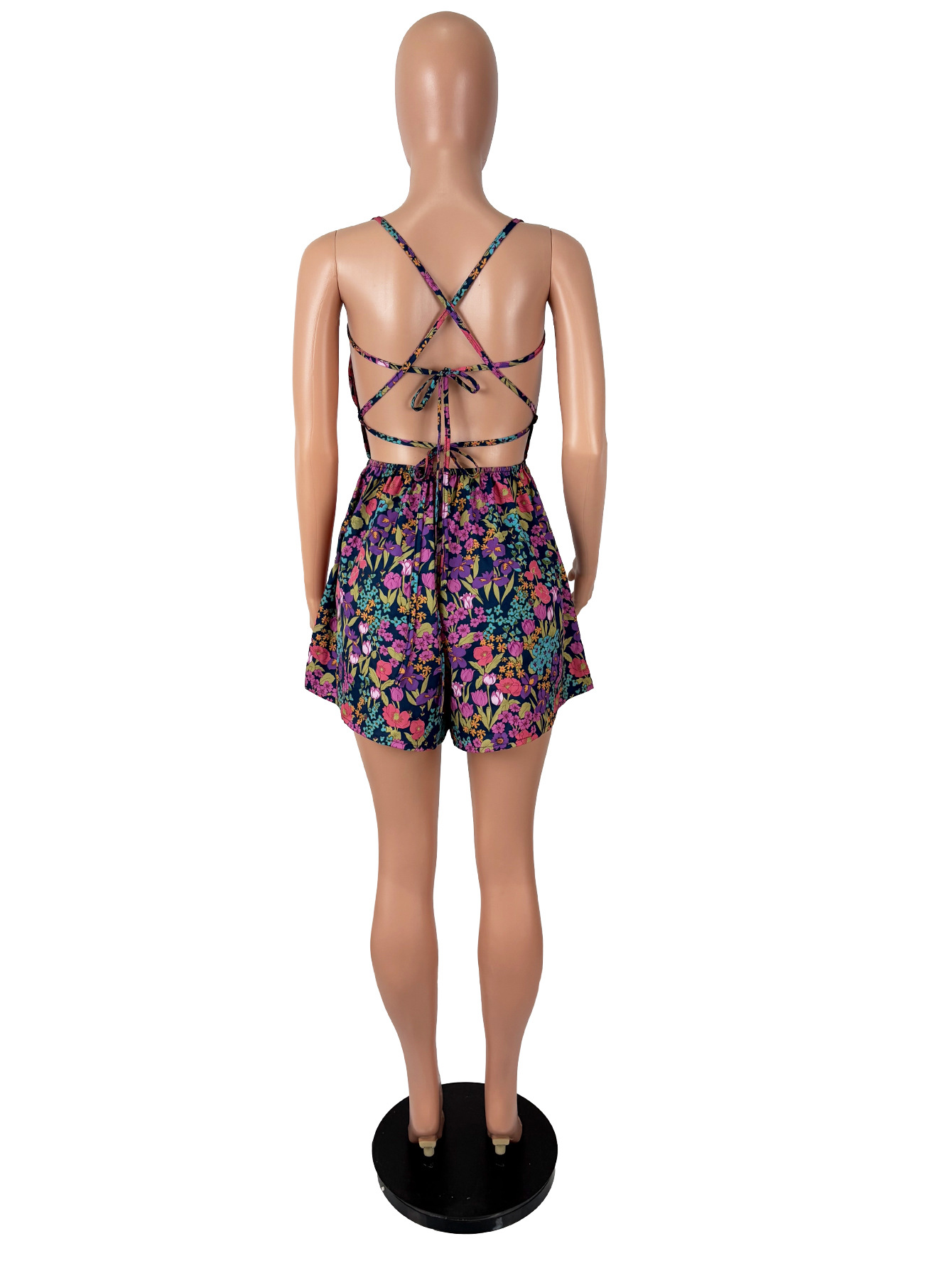 Floral Print Lace-Up Low-Back Jumpsuit