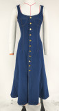 Women's Denim Square Neck Button-Front Dress