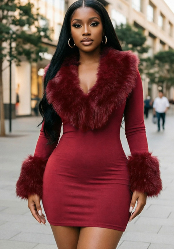 Fall/Winter Women's Sexy Mini Bodycon Dress with Fur-Trimmed Cuffs