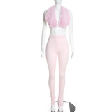 Fall/Winter Women's Sexy Low-Back Fuzzy Top with Slim-Fit Pants Set