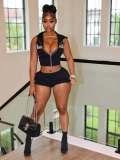Women's Y2K Streetwear Black Sleeveless Hooded Vest and High-Waist Shorts Set